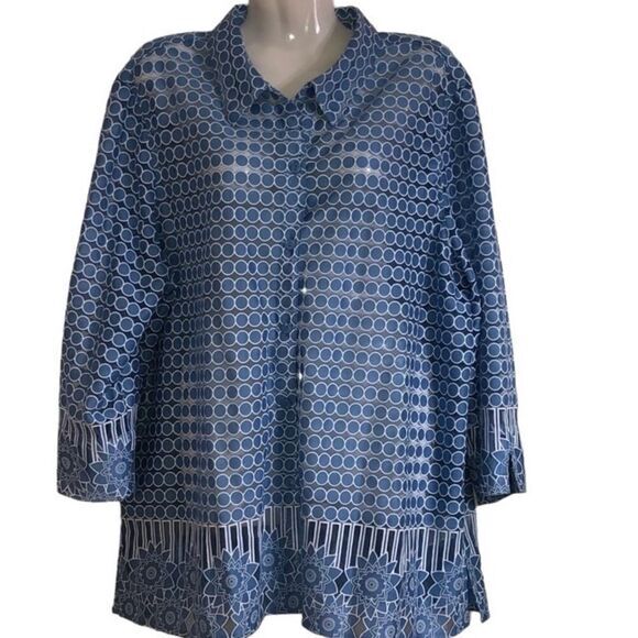 Alfred Dunner semi sheer button front collared blue and white geometric top XL - Picture 1 of 7